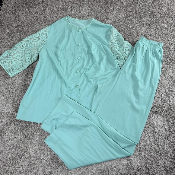 VTG 60s Vanity Fair Womens Aqua Pajama Set Small Boudoir Romantic Loungewear - Picture 1 of 16